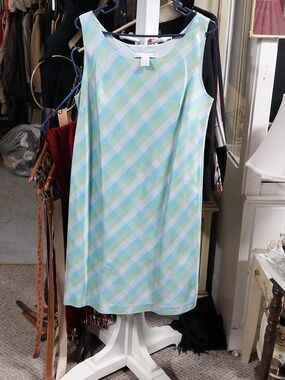 Vtg. Natural Instincts Silk Sleeveless Gingham Shift Dress - Light Blue & Mint